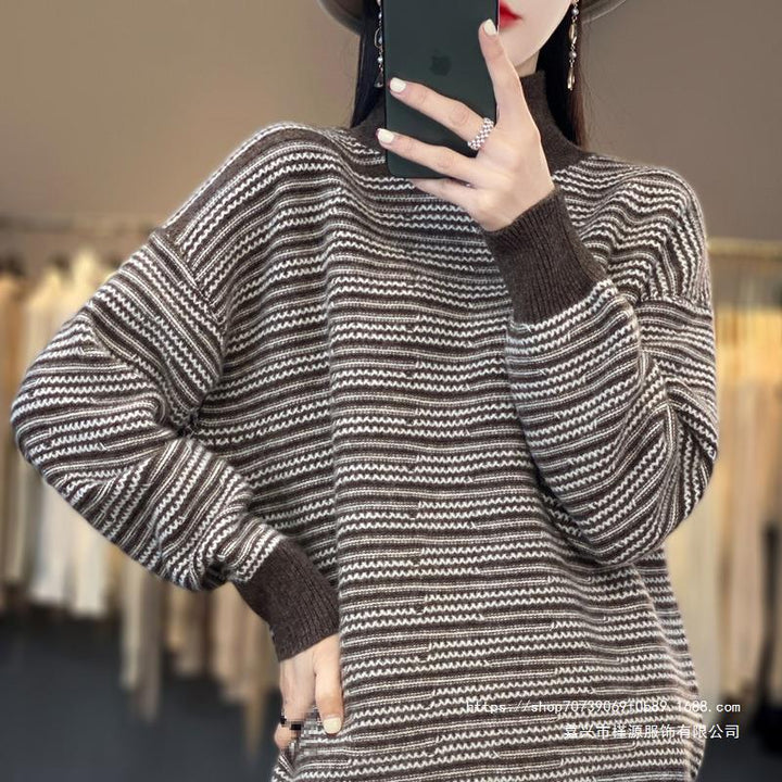 Pull en tricot pour femmes avec un motif à rayures moderne et des trous pour les pouces confortables Lune London