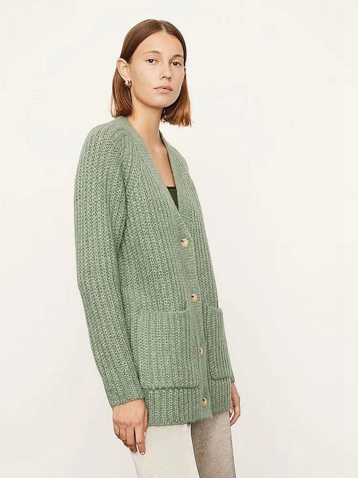 Ladies Chunky Knit Cardigan with large pockets and chic button details
