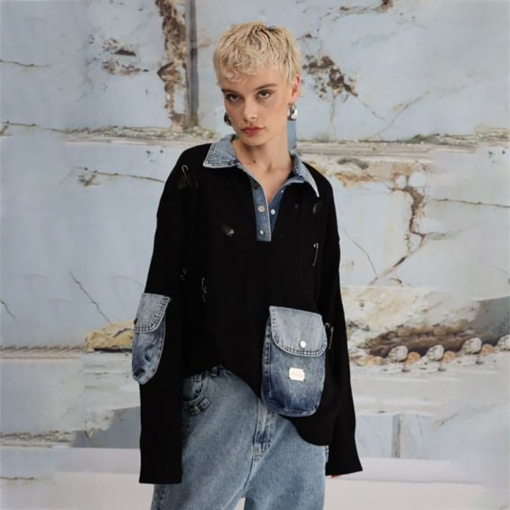 Ladies Urban Oversized Sweater with Chic Denim Details and Style