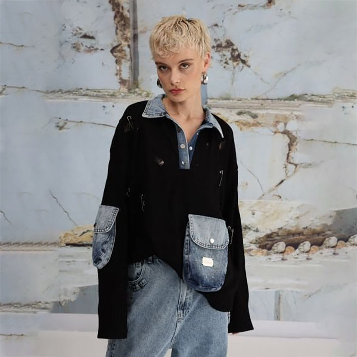 Ladies Urban Oversized Sweater with Chic Denim Details and Style