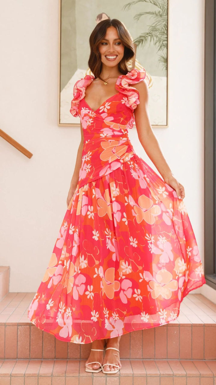 Fluid maxi dress for women with voluminous ruffles and V-neck Chic & Stil