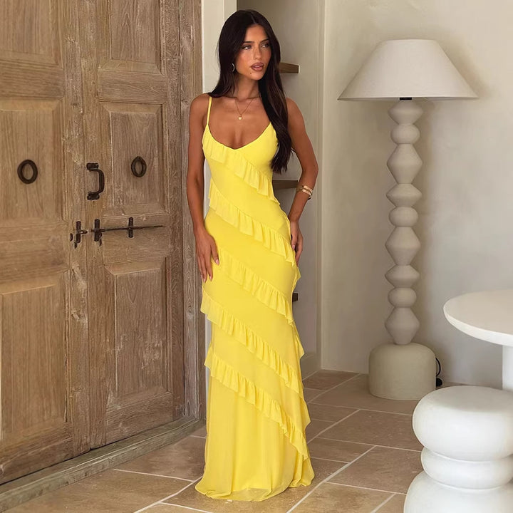 Women's maxi dress with elegant ruffle design and adjustable straps Lune London
