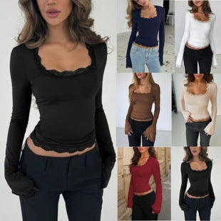 Women Long Sleeve Shirt with Delicate Lace Trim Lune London