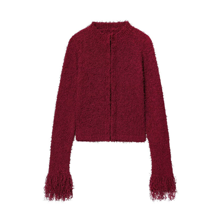 Cozy knit jacket for women with fringed sleeves Lune London
