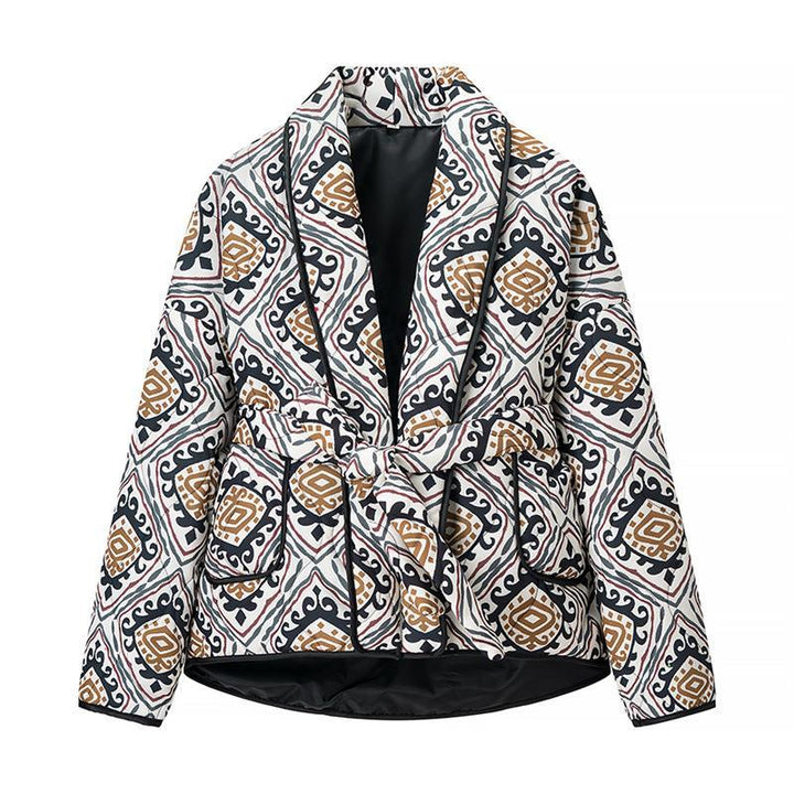Fashionable women's blazer with tie belt and artistic pattern Lune London