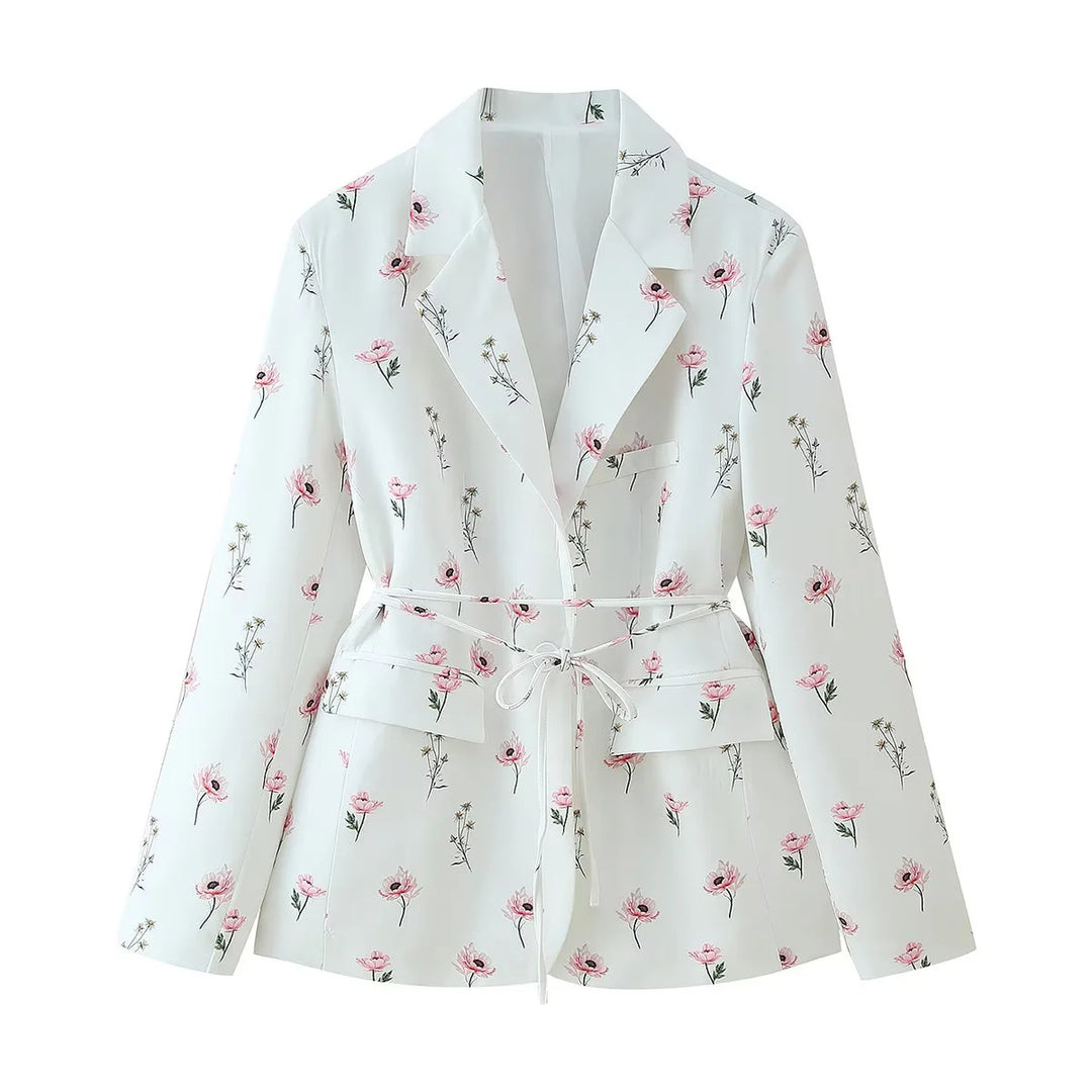 Elegant blazer jacket for women with floral pattern and adjustable belt Lune London