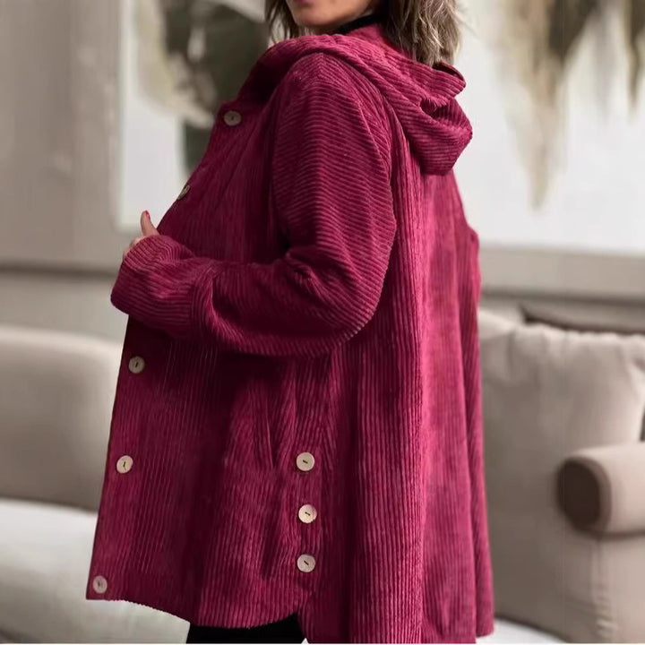 Womens wellness jacket in cord with hood and large buttons Lune London