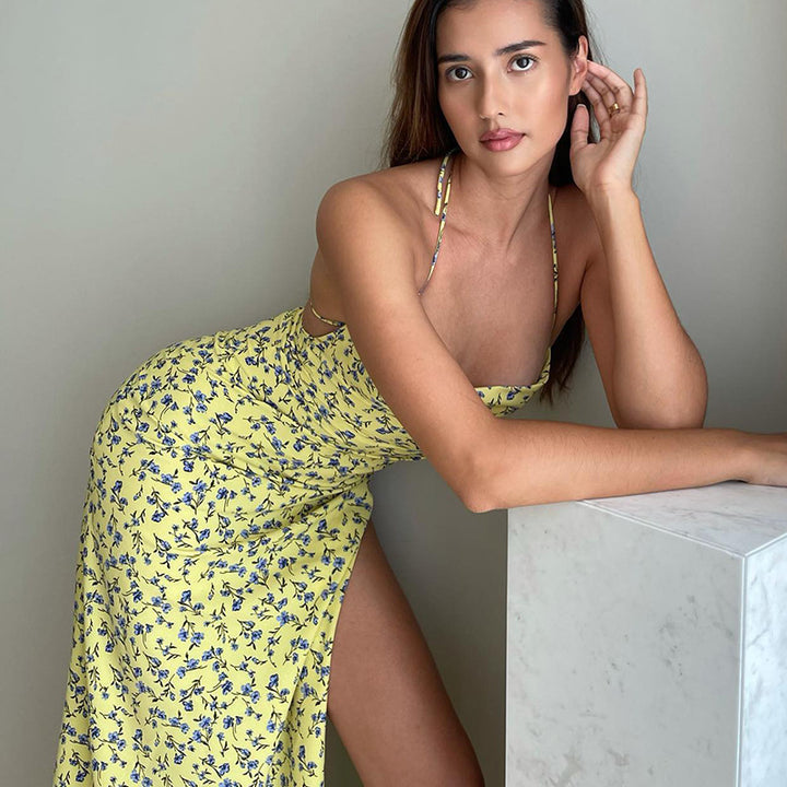 Midi dress for women with floral pattern and slit Lune London