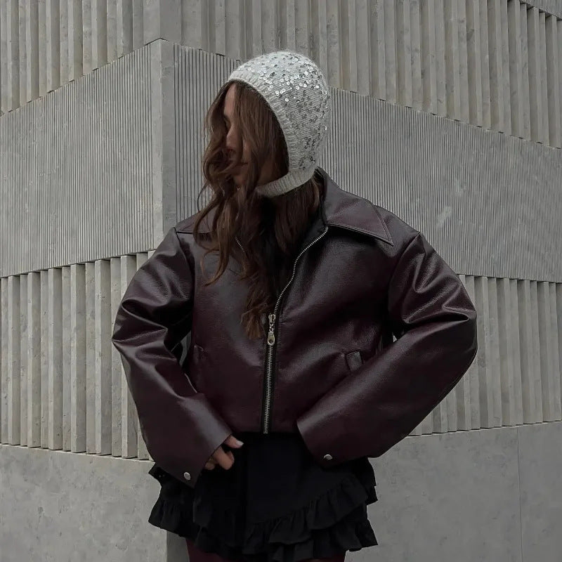 Ladies oversized synthetic leather jacket with wide collar and zipper Lune London