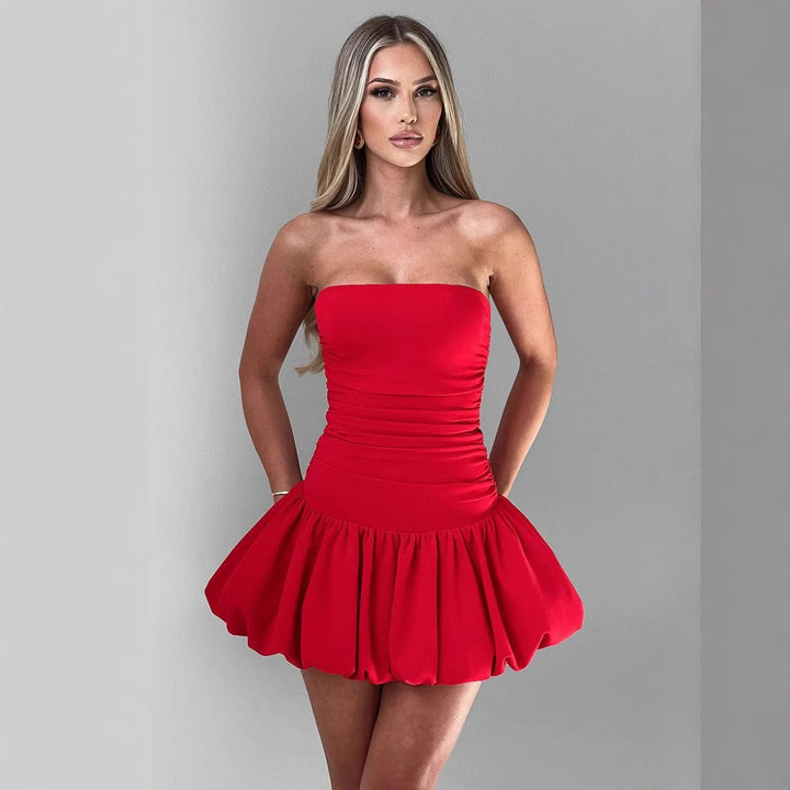 Women's fitted, strapless mini dress with ruffles and elastic waistband Lune London
