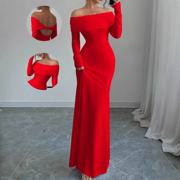 Ladies Elegant Maxi Dress Off-Shoulder with Long Sleeves and Chic Draped Top
