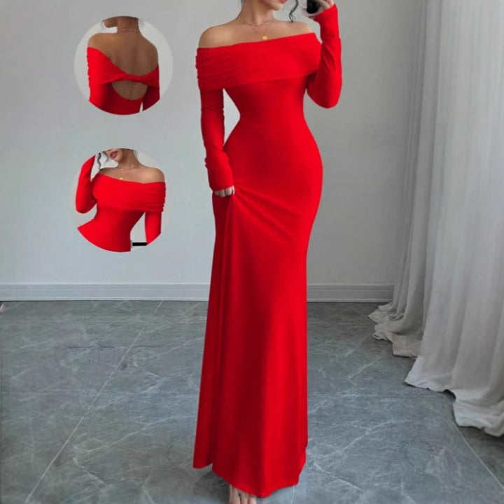 Ladies Elegant Maxi Dress Off-Shoulder with Long Sleeves and Chic Draped Top