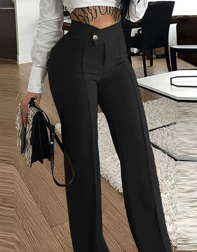 Ladies Elegant High Waist Pants with Decorative Button Details Lune London