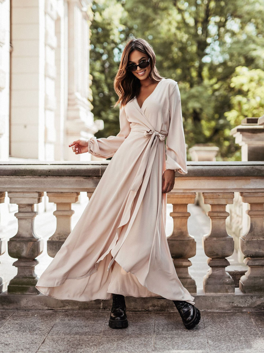 Women Long Sleeve Maxi Dress with Waist Belt and Elegant Ruffle Details Lune London