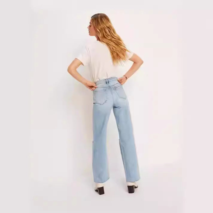 Ladies High-Waist Jeans with fringed hem and trendy tear details Lune London