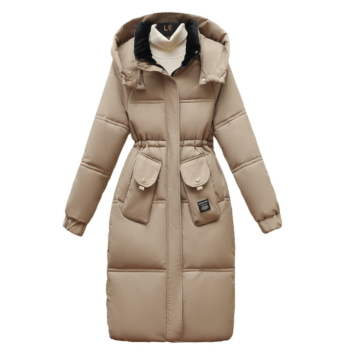 Ladies Long Down Jacket with Removable Hood and Large Pockets Lune London