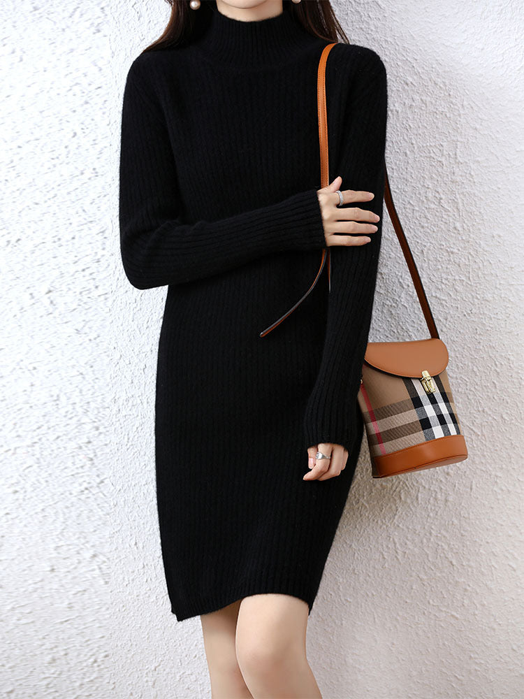 Women's knitted dress with elegant ribbed design and high collar Lune London