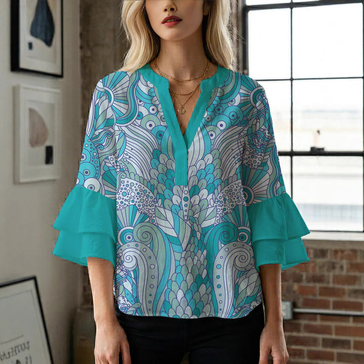 Women's blouse with voluminous ruffle sleeves and creative floral design Lune London