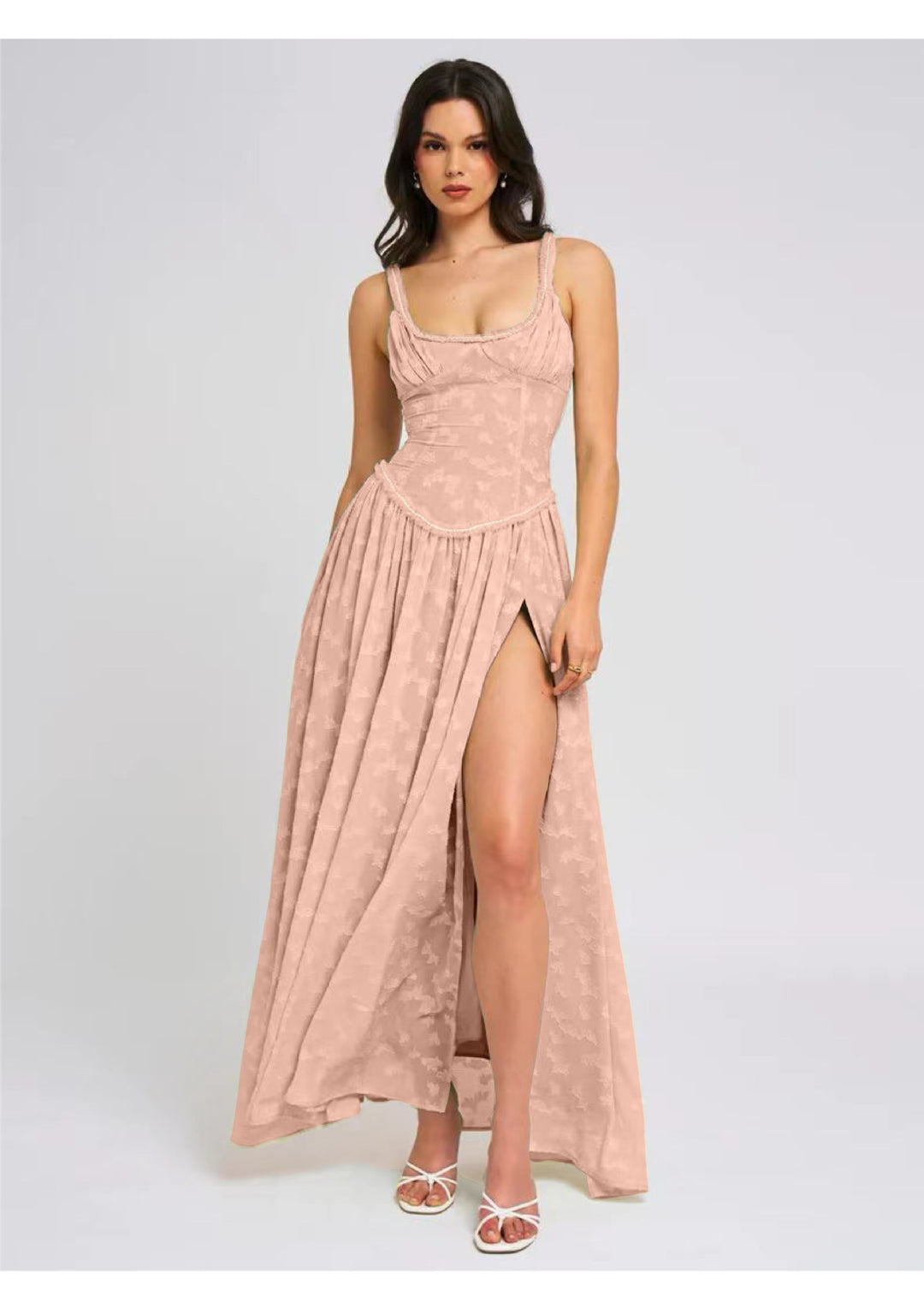 Women Floor-Length Lace Dress with Transparent Inserts and Refined Slit Lune London