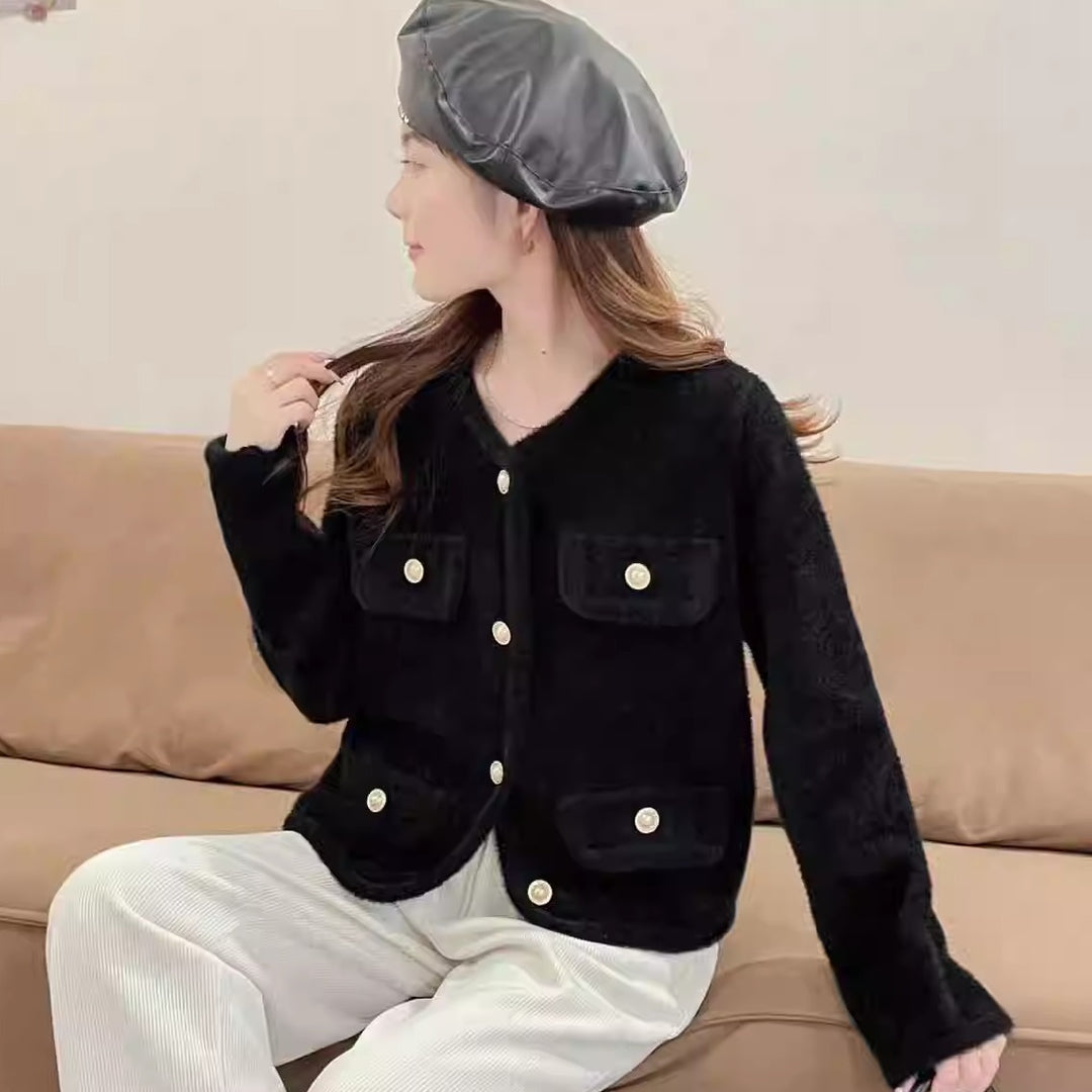 Women Plush Cardigan with Decorative Button Details and Practical Pockets Lune London
