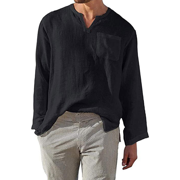 Men's long sleeve linen shirt with Henley collar and chest pocket Lune London