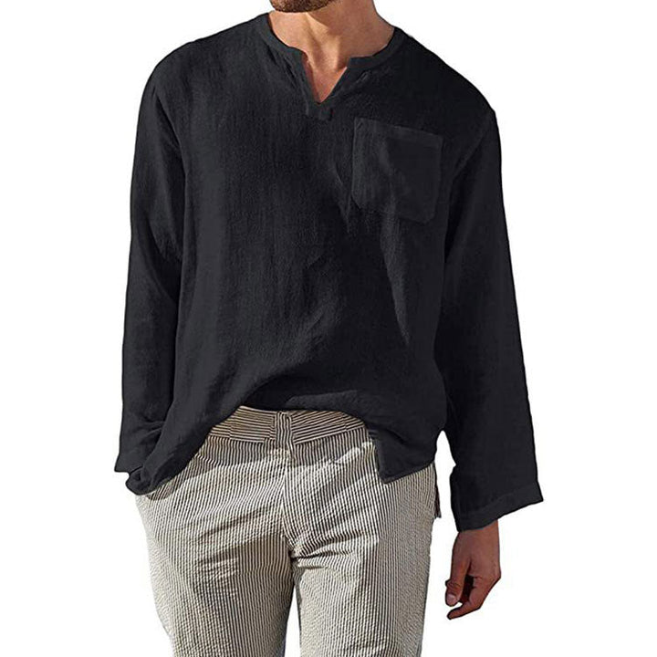 Men's Linen Long Sleeve Shirt with Henley Neckline and Chest Pocket Lune London