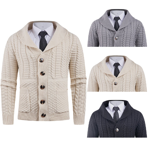 Men's knitted jacket with a modern shawl collar and practical buttons Lune London