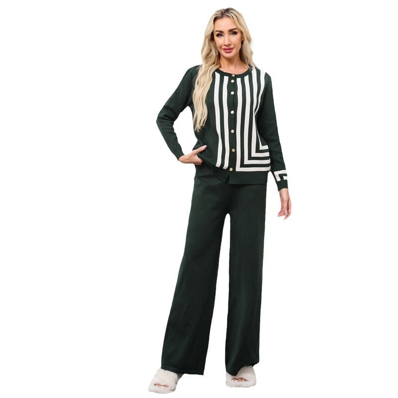 Elegant knitted loungewear set for ladies with graphic pattern and button details Lune London