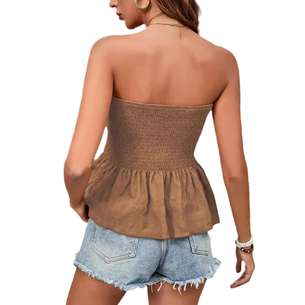 Ladies printed bohemian smocked top without straps Lune London