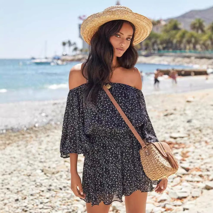 Women's summer dress with off-shoulder sleeves, ruffled sleeves, and an elastic waist Chic & Stil