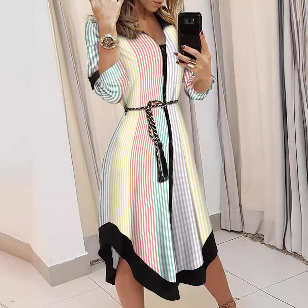 Striped button-up shirt dress for ladies with belt Lune London