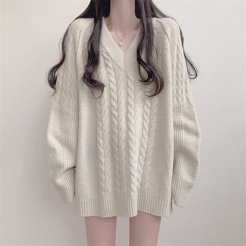 Pull en tricot surdimensionné pour femmes avec motif en croix et décolleté en V Chic & Stil