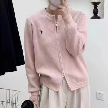 Ladies chunky knit cardigan with full zip closure and decorative details Lune London