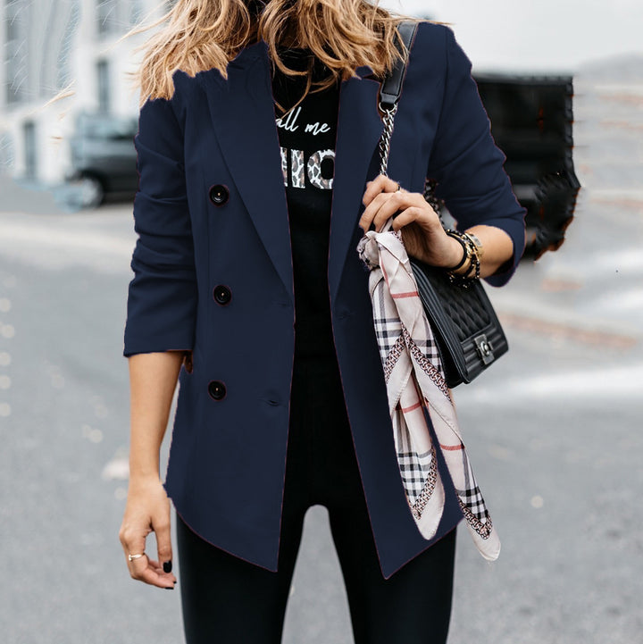 Trendy double-breasted blazer for women with a sleek silhouette and practical pockets Lune London