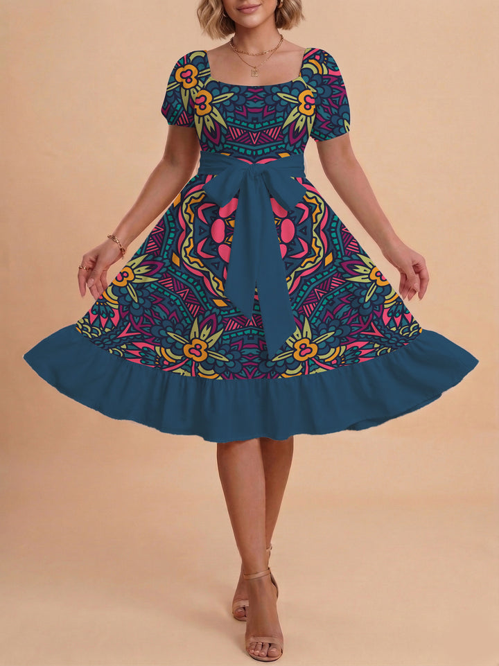 Women A-line dress with floral motifs and adjustable belt Lune London
