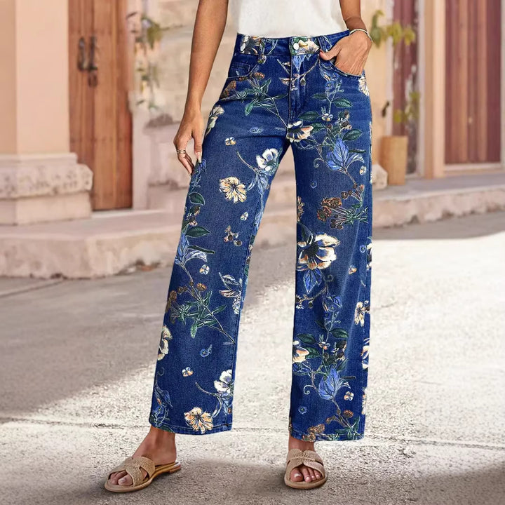 Women's Wide Cut Jeans with Floral Print and High Waist