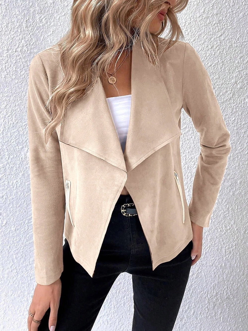 Elegant velvet jacket for ladies with asymmetric lapel and zippered pockets Lune London