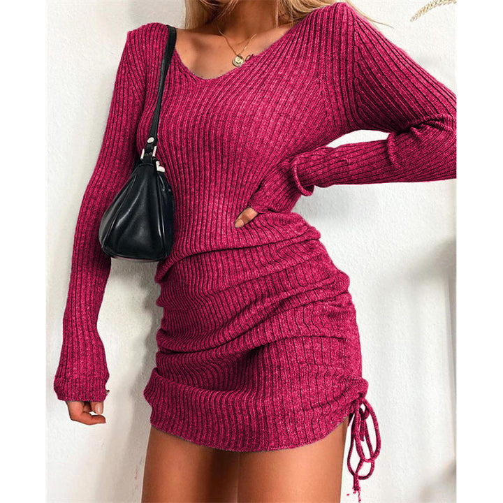 Women's Knit Mini Dress with Ruching and V-Neck Lune London