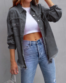 Ladies stylish overshirt jacket with fringed hem Lune London