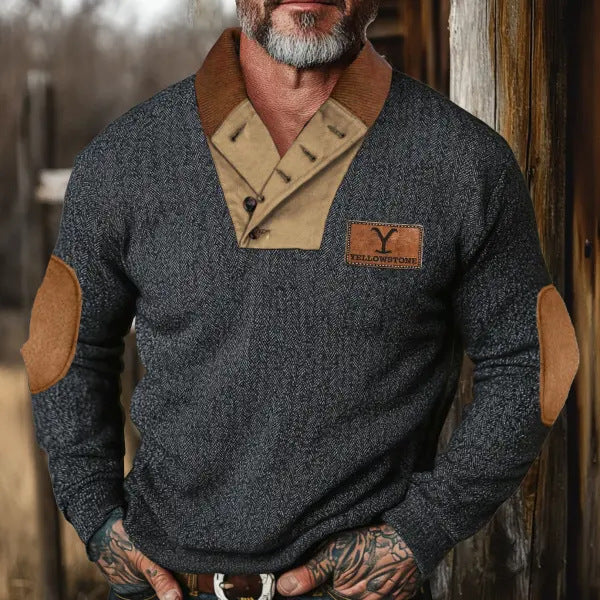 Trendy men's sweater with contrasting collar and elbow patches Lune London