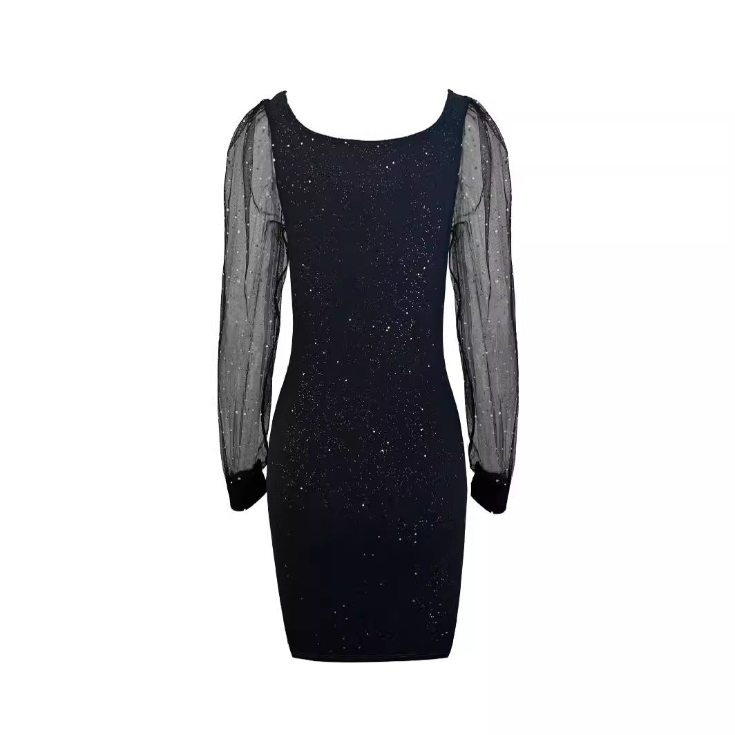 Elegant and sparkling bodycon dress for women with sheer long sleeves Lune London