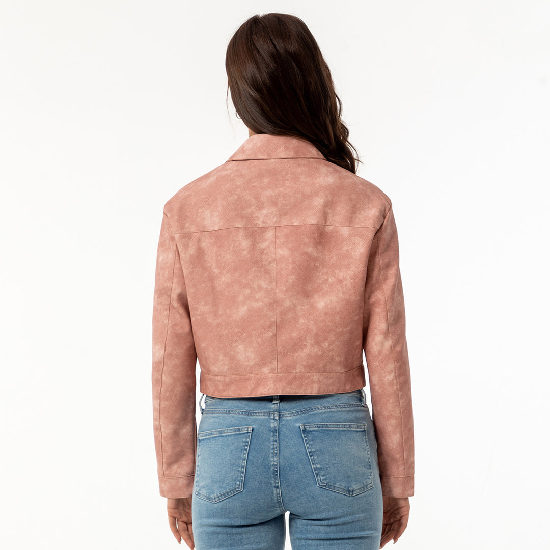 Trendy cropped synthetic leather jacket for women with classic wave collar Lune London