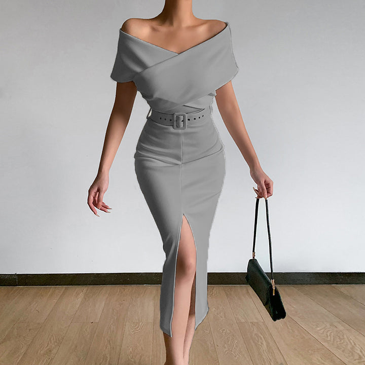 Evening dress for ladies with off-shoulder design and high slit Lune London