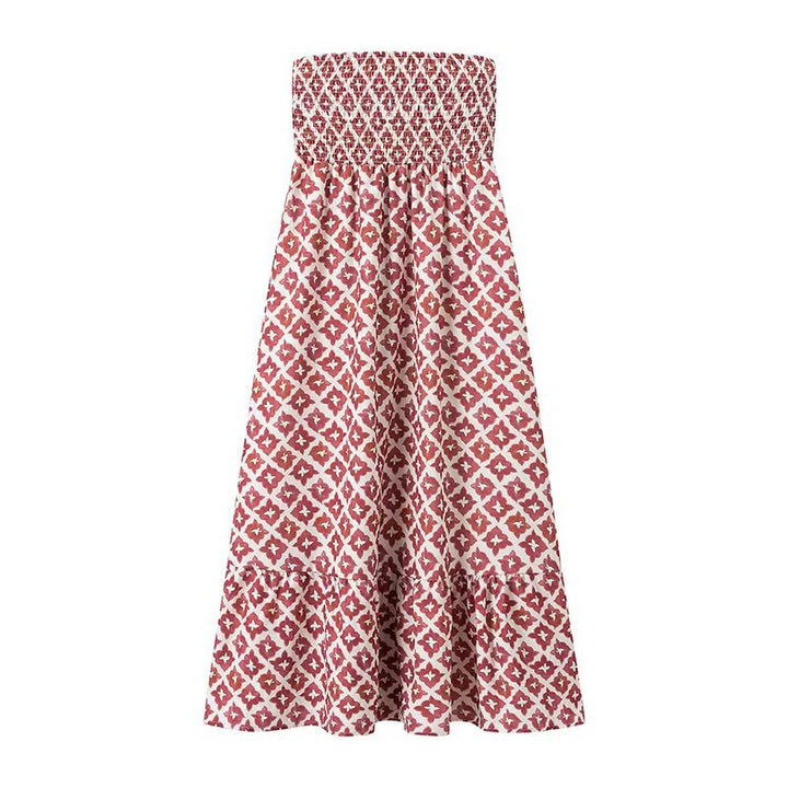 Maxi dress for women with elastic lace hem and playful pattern mix Lune London