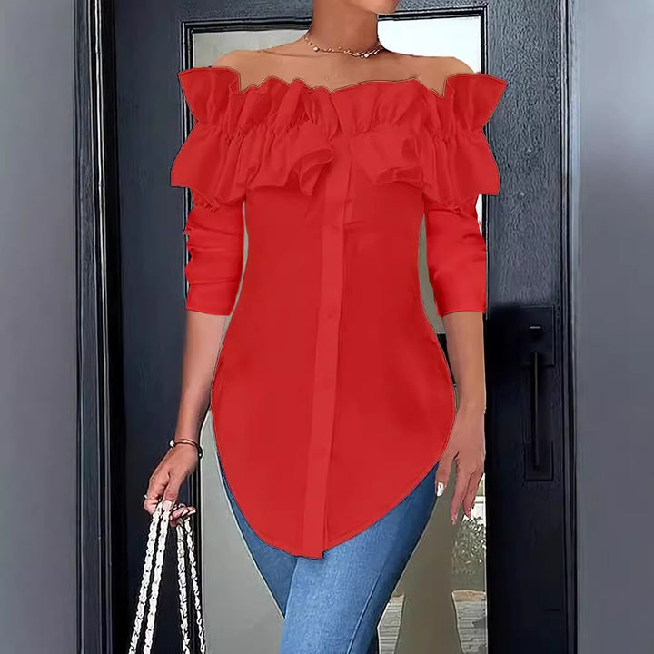 Women's off-shoulder blouse with ruffles and button placket Lune London