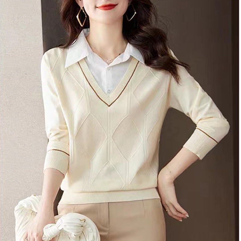 Women's knit sweater with V-neck and textured diamond pattern Lune London