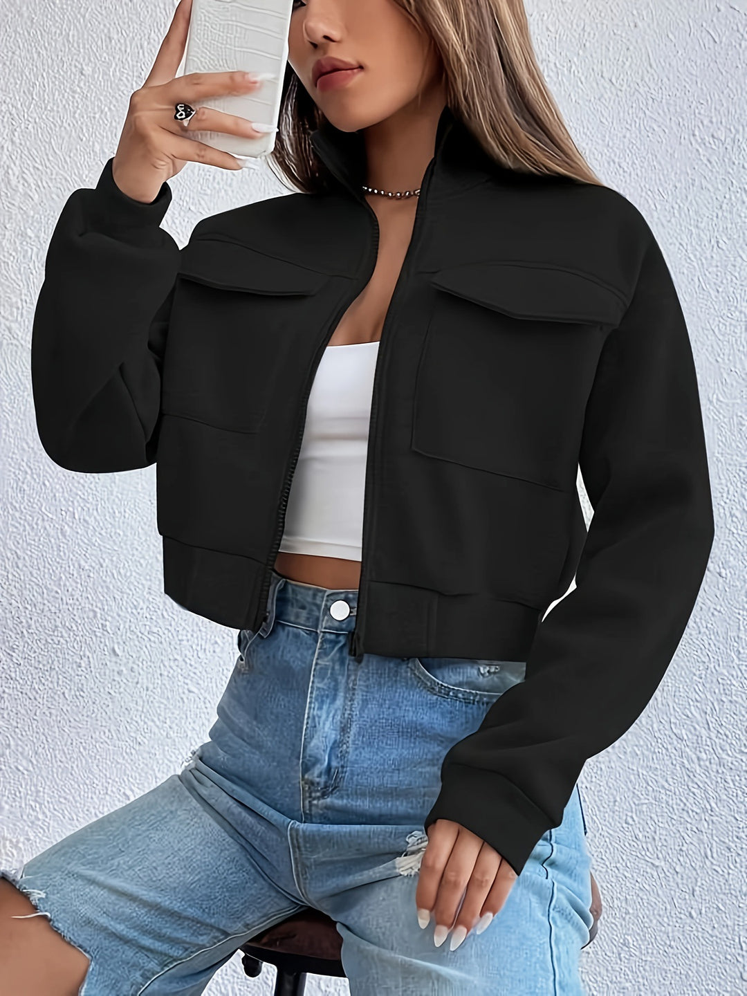 Cropped leisure jacket for women with practical chest pockets and elastic hem Lune London