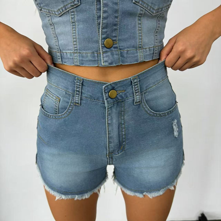 Women's High-Cut Denim Shorts in Trendy Fringe Look Lune London