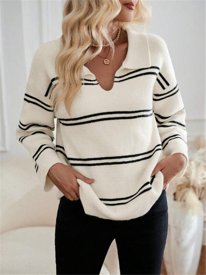 Casual women's sweater with polo collar and striped design Lune London