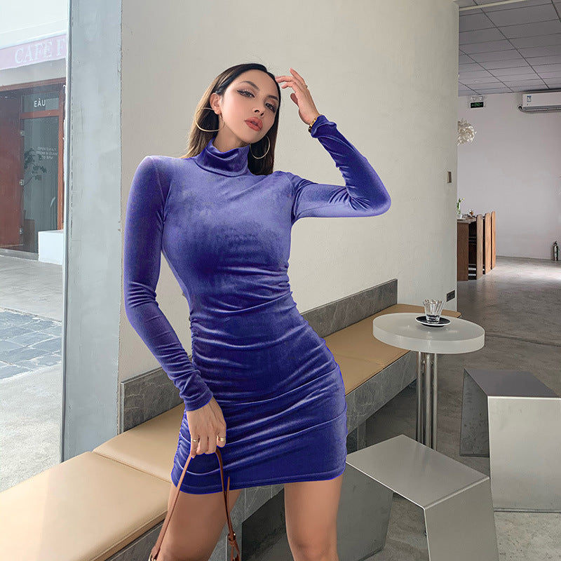 Exclusive mini velvet dress for women with high collar and refined ruffle details Lune London
